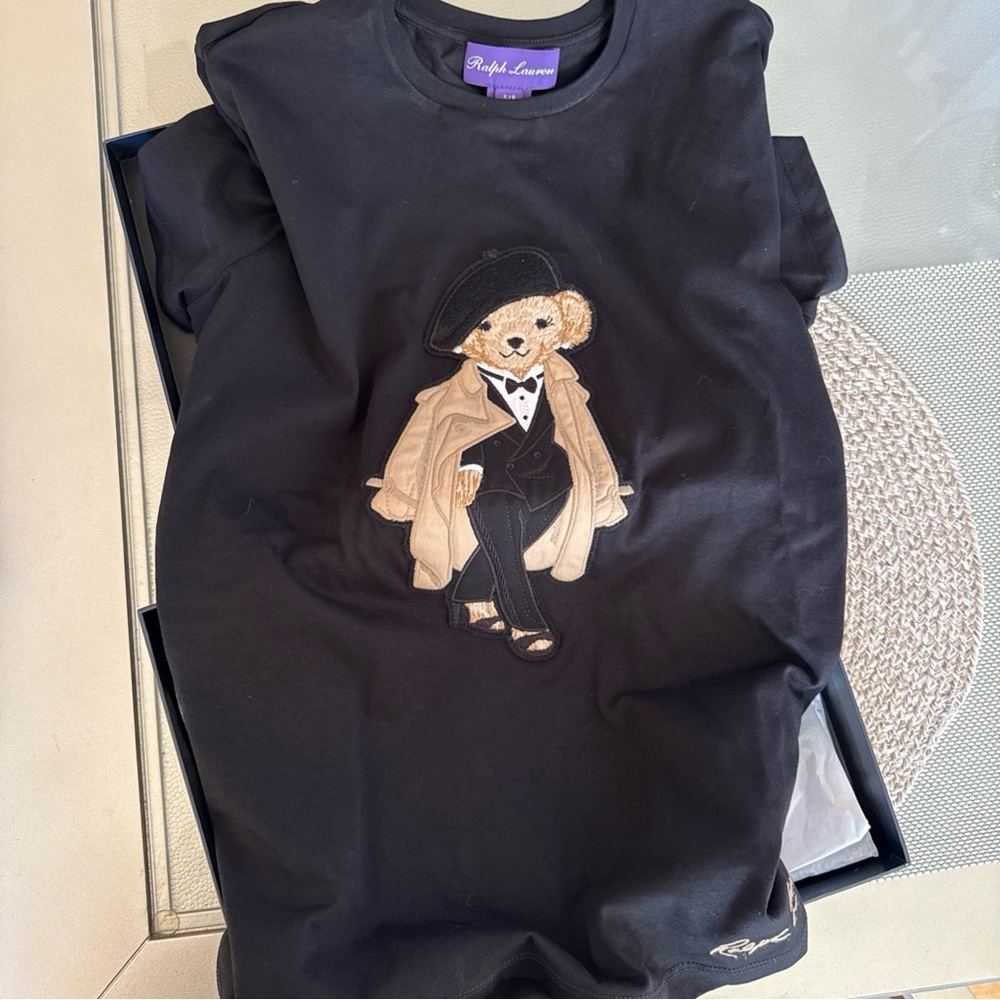 Ralph Lauren Black women’s Tshirt with Bear Design Purple Label top quality